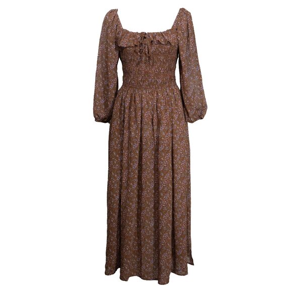 Code x Mode Peasant Dress Milk Maid Liberty Floral Hippie 70s Brown Autumn Maxi - Picture 1 of 15